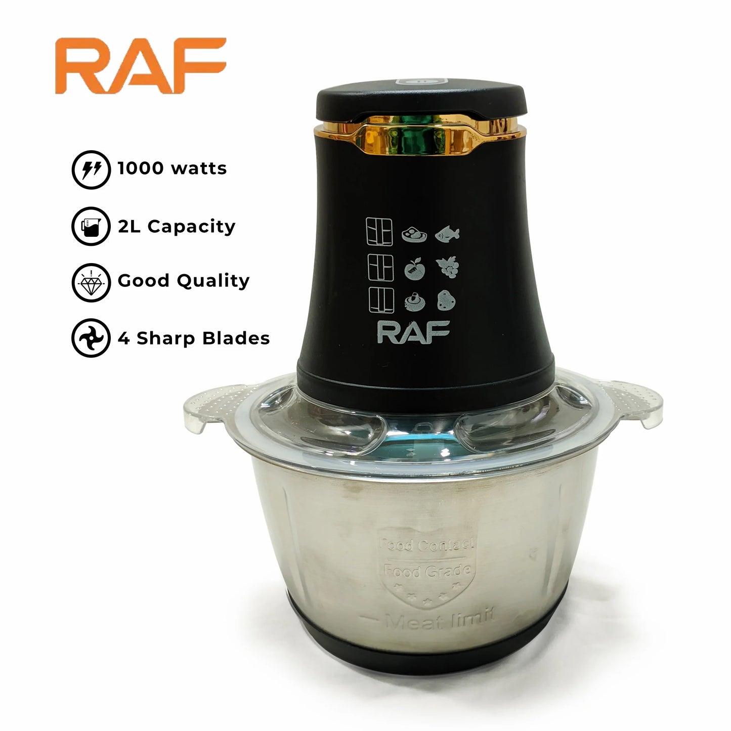 RAF Food Processor Chopper Stainless Steel Kitchen Blender 4 Sharp Blades 2 Liter Capacity R.7034