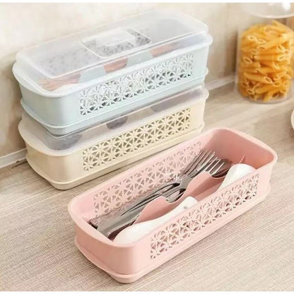 Double Layer Spoon Fork Chopsticks Cutlery Storage Box With Lid Kitchen Utensil Box