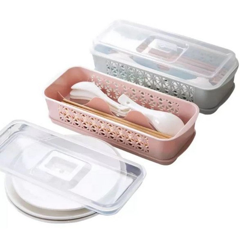 Double Layer Spoon Fork Chopsticks Cutlery Storage Box With Lid Kitchen Utensil Box