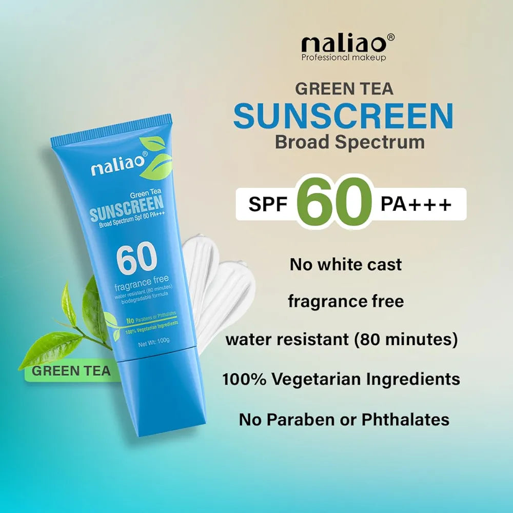Maliao Green Tea Sunscreen | Broad Spectrum SPF 60 PA+++ | UVA & UVB Protection | Lightweight & Non-Greasy | Hydrating & Soothing Formula, 100g