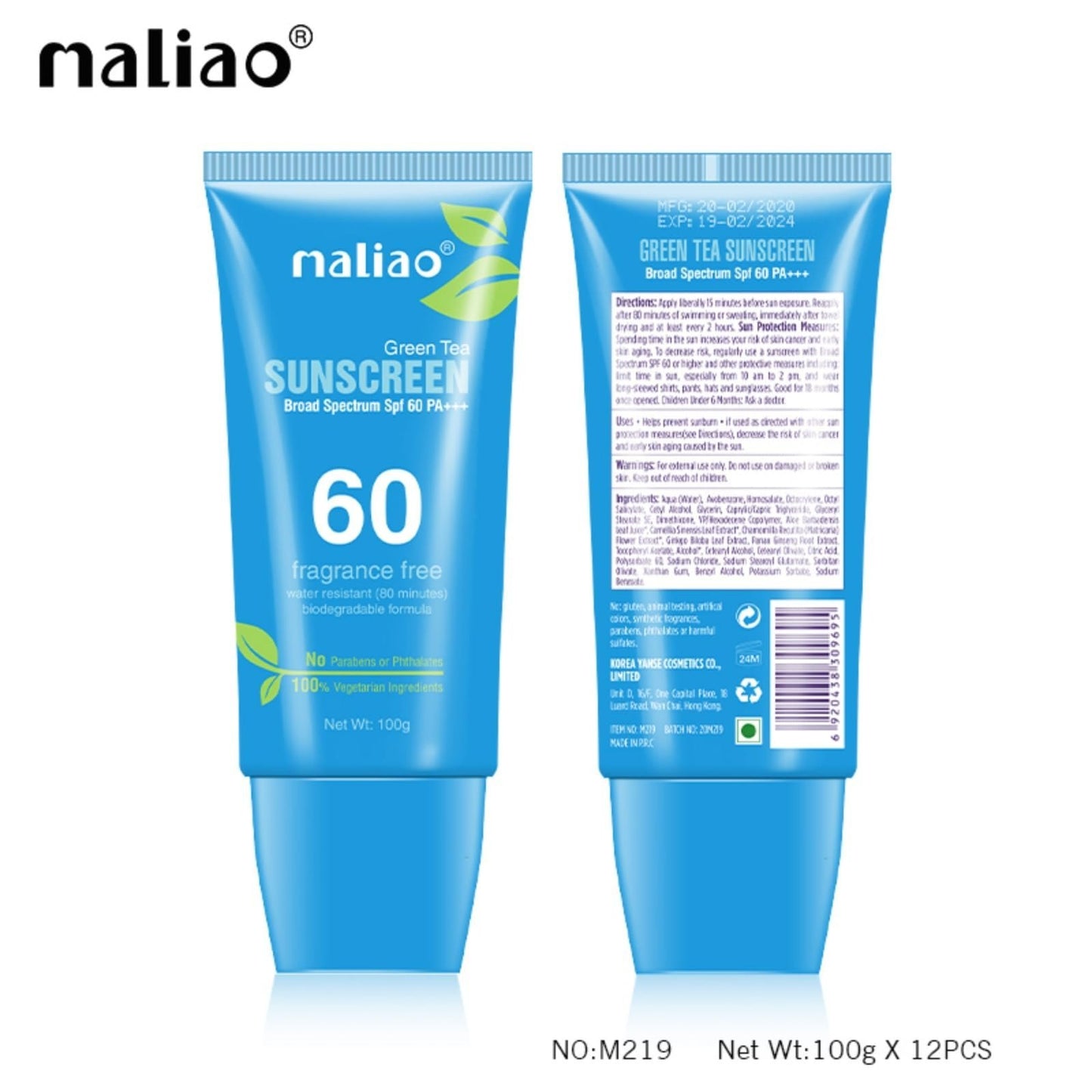 Maliao Green Tea Sunscreen | Broad Spectrum SPF 60 PA+++ | UVA & UVB Protection | Lightweight & Non-Greasy | Hydrating & Soothing Formula, 100g