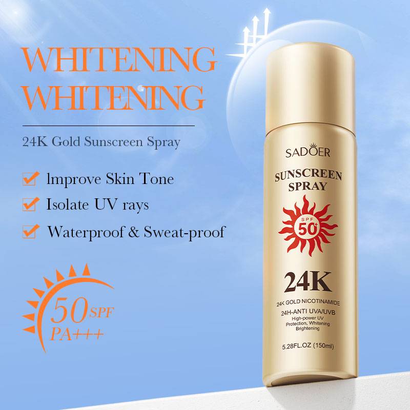 SADOER 24K Gold Sunscreen Spray SPF50+ PA+++ Nicotinamide 24H-Anti UVA/UVB High Protection Whitening Spray 150ml