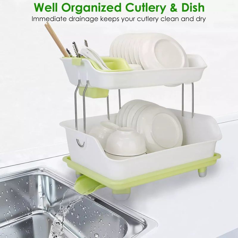 Multipurpose Double Layer Kitchen Drain Dishes Storage Rack With Large Plastic Basket With Tray Kitchen Utensils Organizer