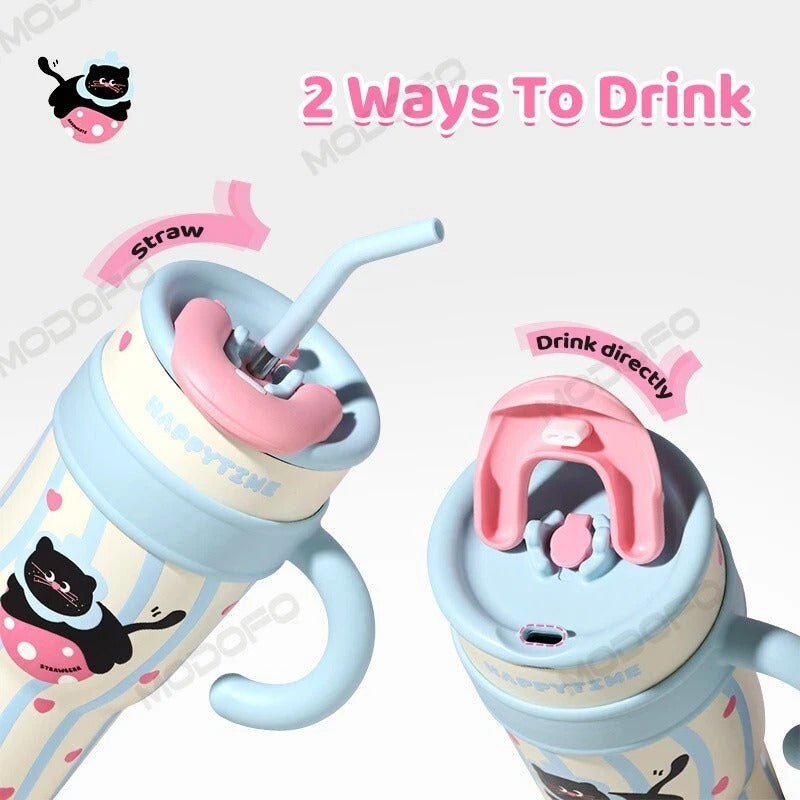 Stainless Steel Tumbler Mug With Straw Handle Water Bottle 1200ml