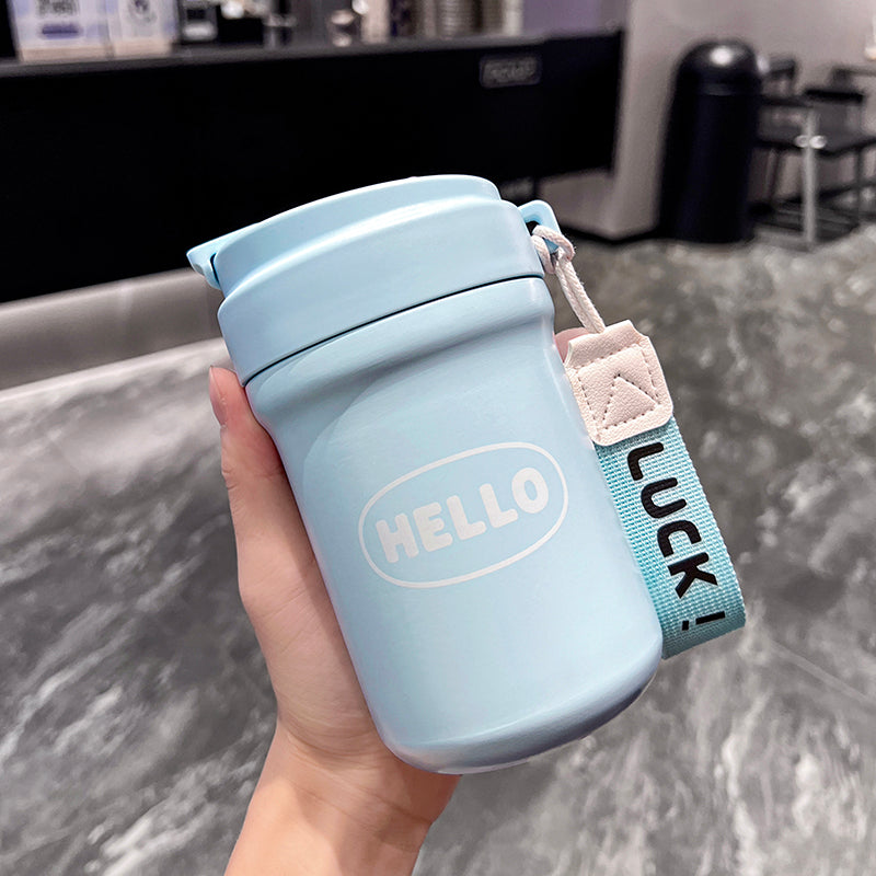 Stainless Steel Hello Vacuum Flask Leak Proof Thermal Coffee Mug With Handle Rope 500ml