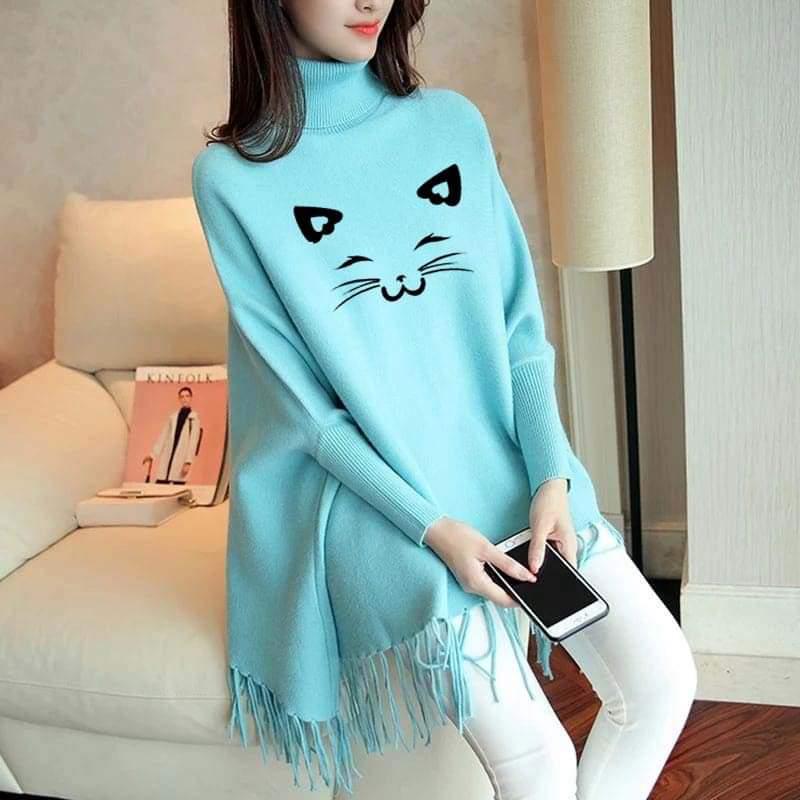 CAT PRINTED PONCHO - SKYBLUE