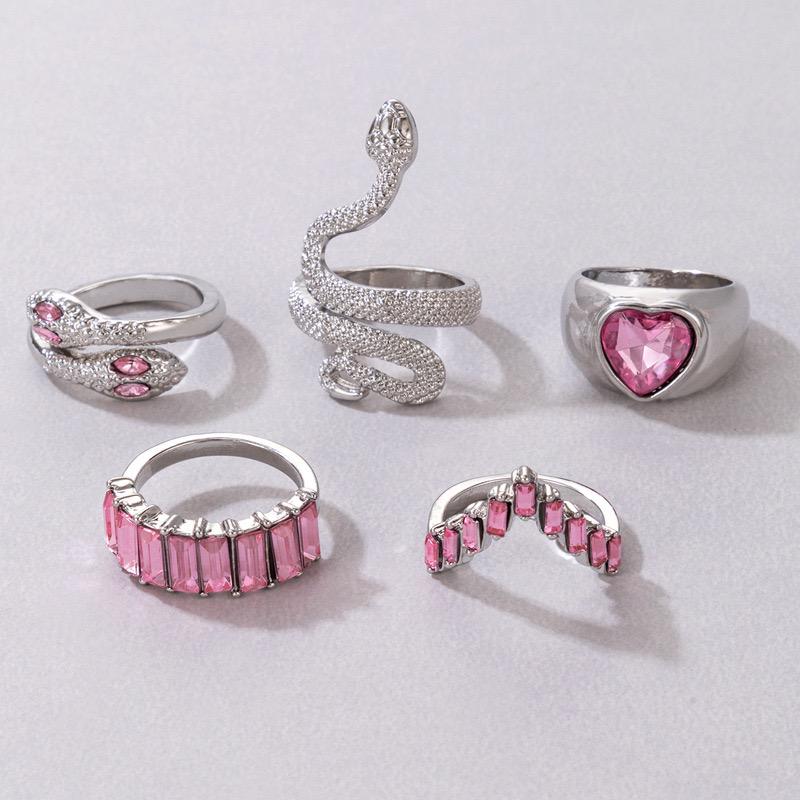 Fashion Jewellery 5 Pcs Silver And Pink Snake Ring Set