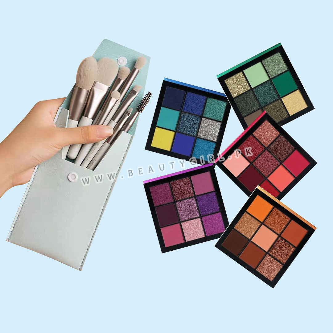 Huda Beauty Obsessions Eyeshadow Palette-Pack of 5 & 8in1 Brush Set With Leather Bag