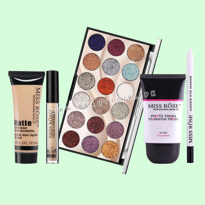 Miss Rose18 Color Glitter Eyeshadow Palette, Matte Foundation Tube,  Liquid Concealer, Photo Finish Face Primer & White Eye Liner Pencil