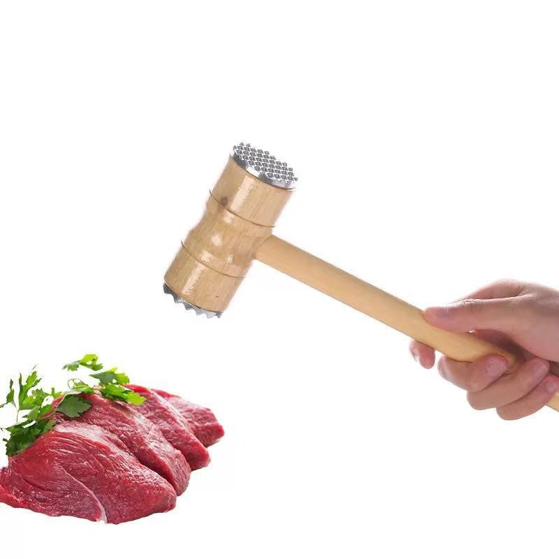 Bamboo Wooden Stainless Steel Meat Tenderizer With Teeth End / Steak Pointed Wooden Hammer