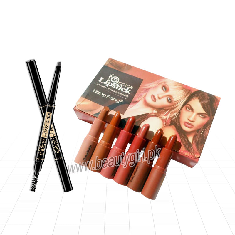 Hengfang Serenade Velvet Matte Lipsticks & Miss Rose 2in1 Double-headed Hard Eyebrow Pencil Waterproof and Sweat-proof Automatic Rotating Eyebrow Pen