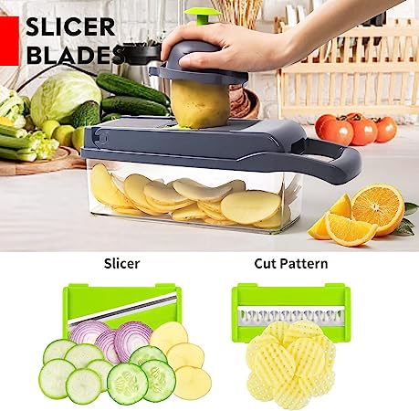 Vegetable Chopper, Onion Chopper, Mandolin Slicer, Pro 14in1 professional food Chopper multifunctional Vegetable Chopper and Slicer, Dicing Machine, Adjustable Vegetable Cutter With Container