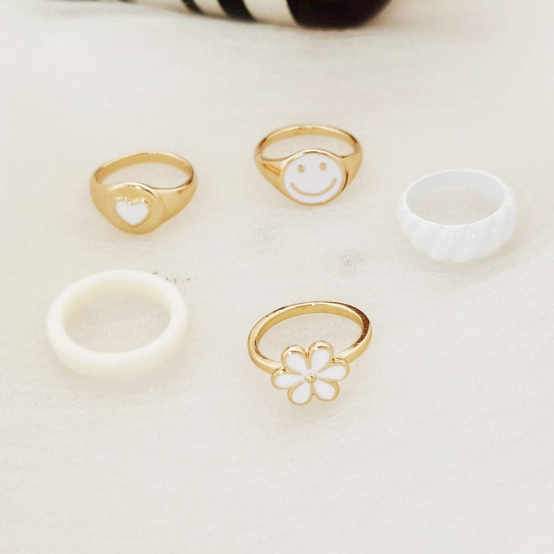 Fashion Jewellery 5 Pcs White And Gold Ring Set