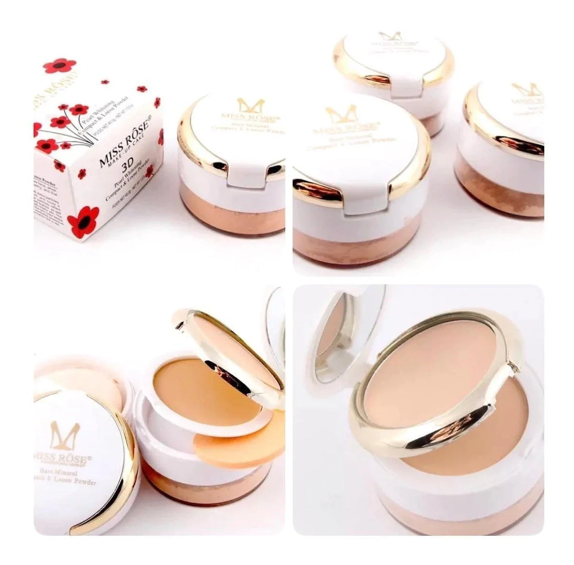 3 IN 1 3D Miss Rose Pearl Whitening Compact & Loose Powder