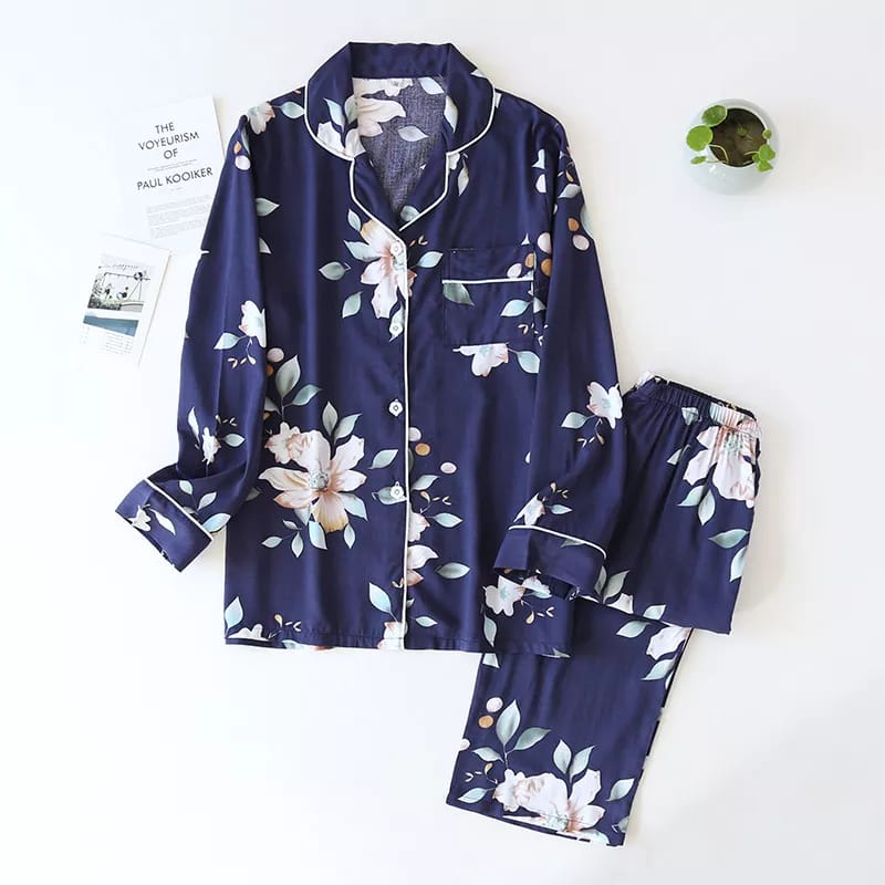 NAVY BLUE FLOWER SILK NIGHT SUIT - 006