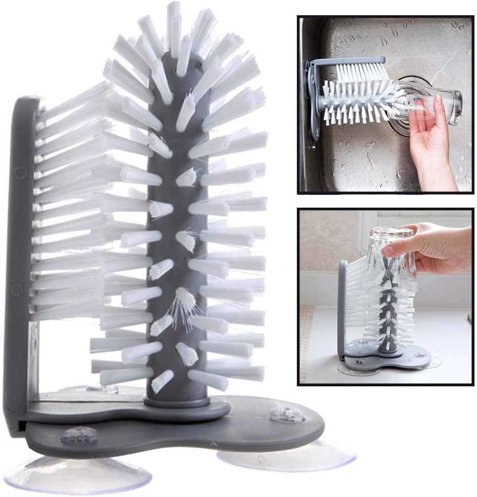 Dual Brush Water Bottle Cleaning Brush Glass Cup Washer with Suction Base Bristle Brush