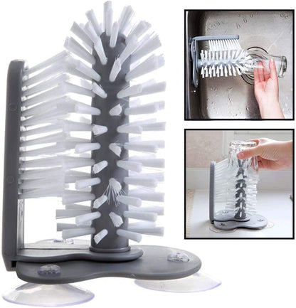 Dual Brush Water Bottle Cleaning Brush Glass Cup Washer with Suction Base Bristle Brush