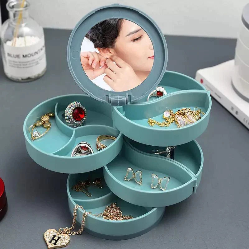 Multilayer Rotating Plastic Jewelry Organizer With Mirror, Earrings Display Stand, Small Accessories Storage Box