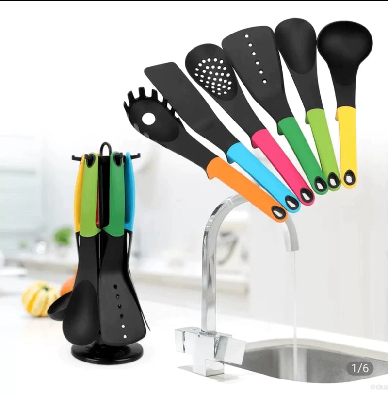 Cutlery Holder Non-Stick Spatula Set With Rotating Stand (Set Of 6)